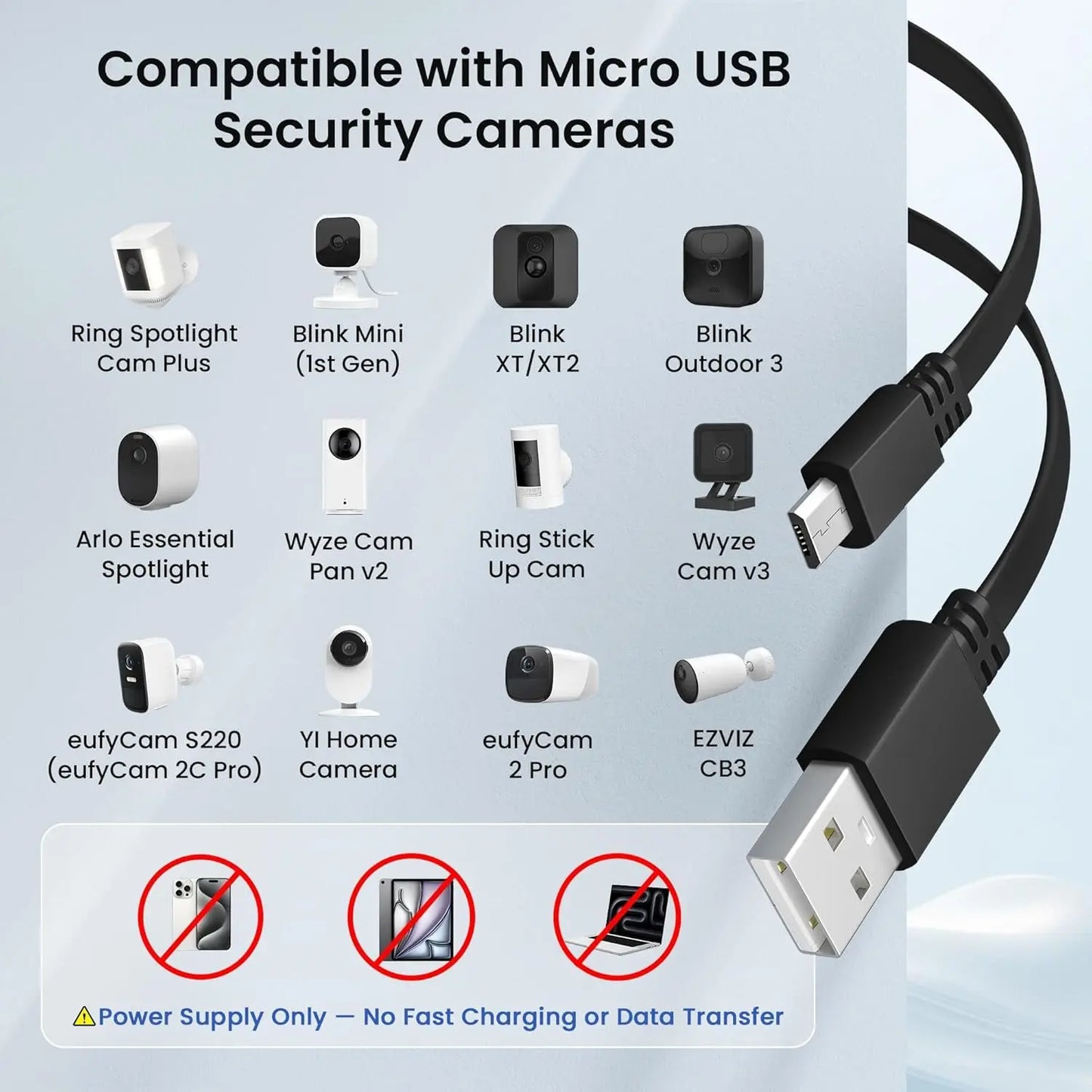 Micro USB Power Cable 30 FT (2 Pack),Flat Micro USB Charging Power Cord,Charger for Wyze Cam V3 Pan,Yi Cam,Nest Cam,Blink Mini XT XT2 Outdoor 3Rd Gen Camera,Arlo Q,Zmodo,Xbox One Controller,25