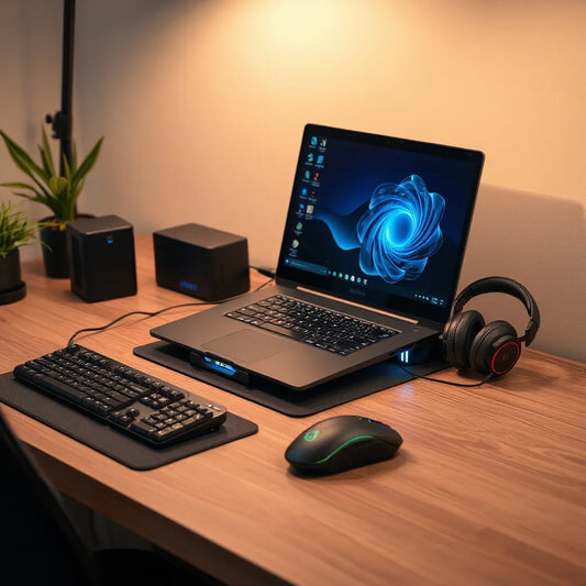 Gaming laptop on a desk with cooling stand, keyboard, mouse, headset, and mouse pad for an optimized setup