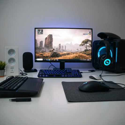 Keyboard, gaming mouse, and headset on a clean desk beside a monitor