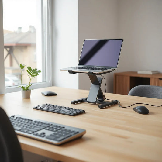 Adjustable laptop stand on a clean desk with the laptop raised for an ergonomic viewing angle