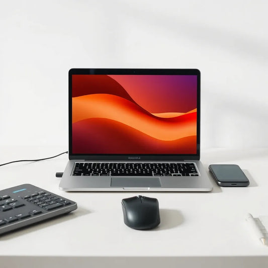 Laptop on a clean desk with a wireless mouse positioned beside it