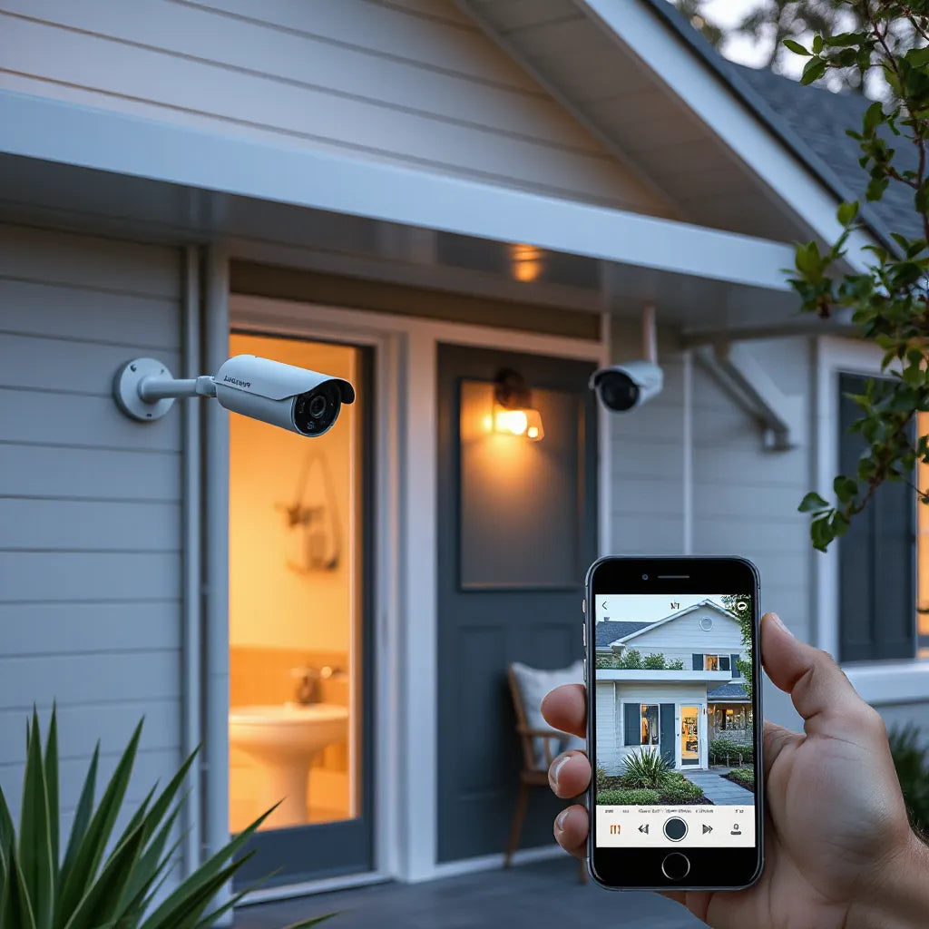 Smart security cameras mounted on a house exterior with a phone showing live monitoring