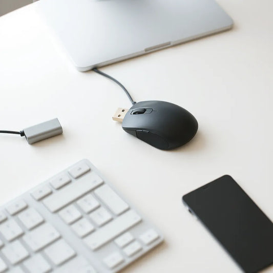 Wired USB mouse on a clean desk beside a keyboard with soft natural lighting
