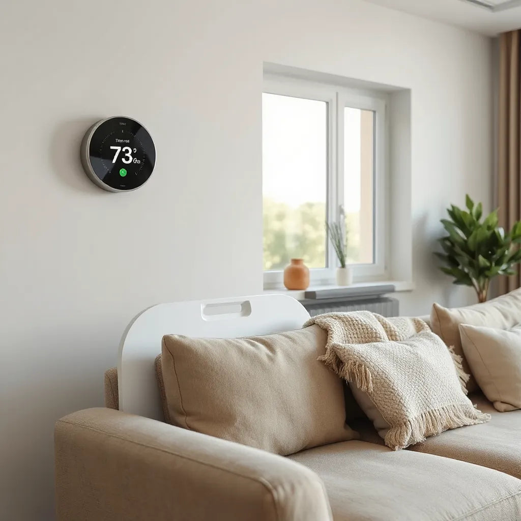 Modern living room with smart thermostat, air purifier, and comfort appliances near a sunny window