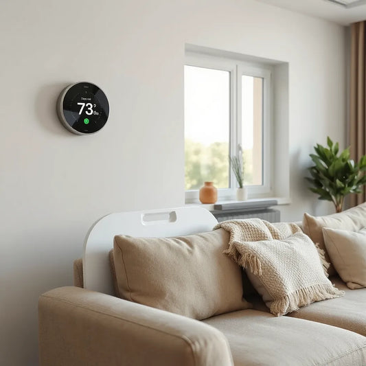 Modern living room with smart thermostat, air purifier, and comfort appliances near a sunny window