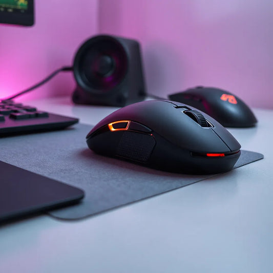 Gaming optical mouse on a desk with a mousepad, showing detailed sensor and RGB lighting glow