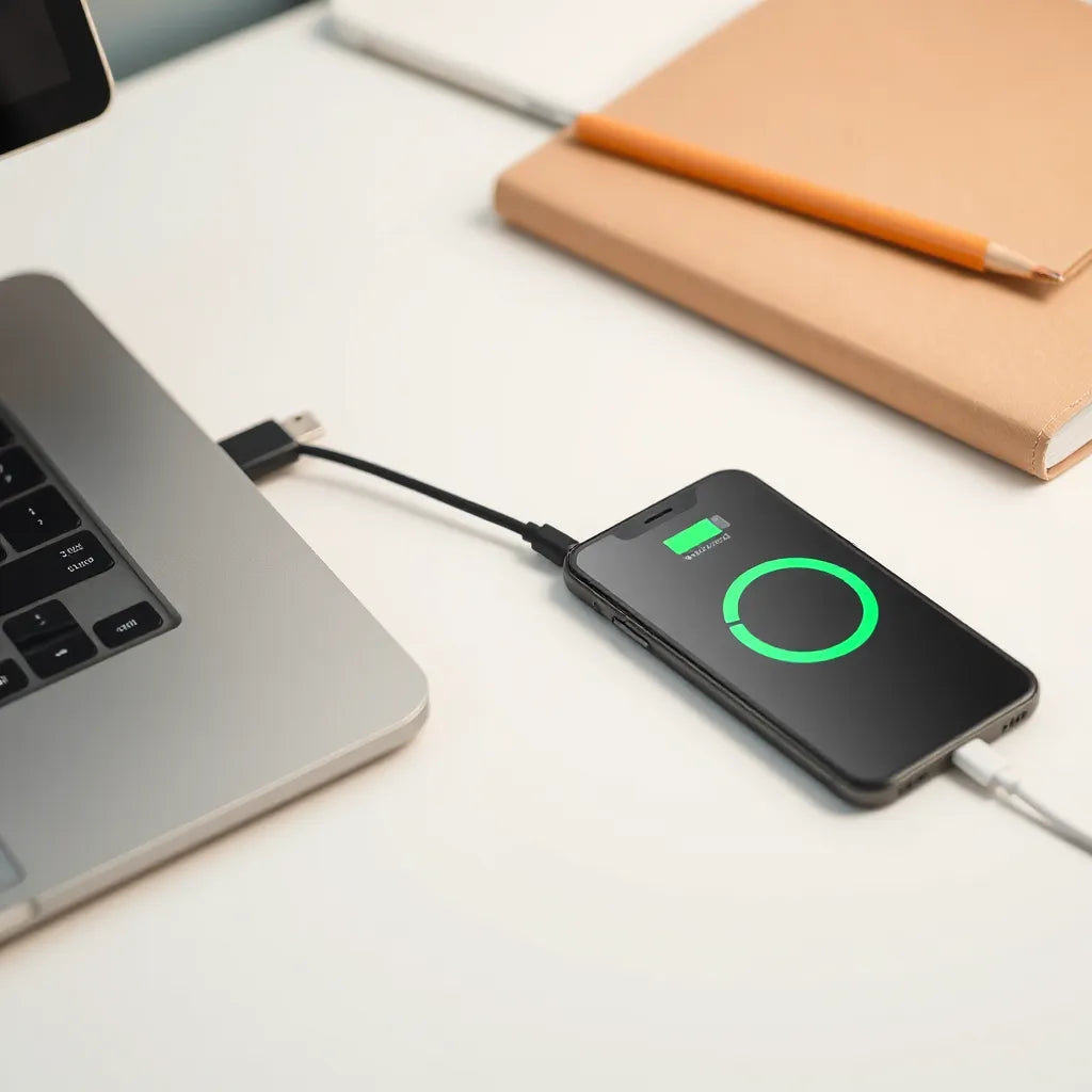Compact portable charger power bank connected to a smartphone on a clean desk