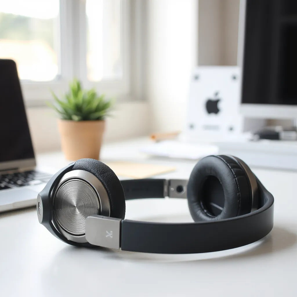 Over-ear audio headphones on a desk with soft natural light and a minimal background