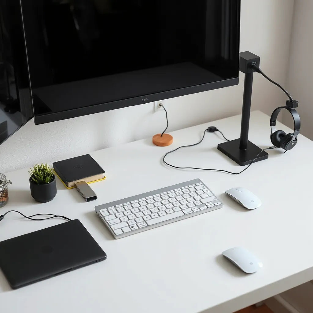 Minimal desk setup with laptop, keyboard, mouse, monitor riser, and neatly routed cables