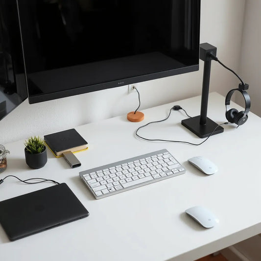 Minimal desk setup with laptop, keyboard, mouse, monitor riser, and neatly routed cables