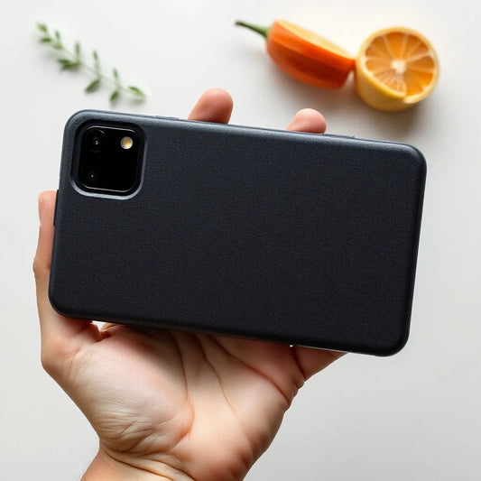 Smartphone in a protective Galaxy S24 Ultra case with raised edges and camera cutout on a clean background