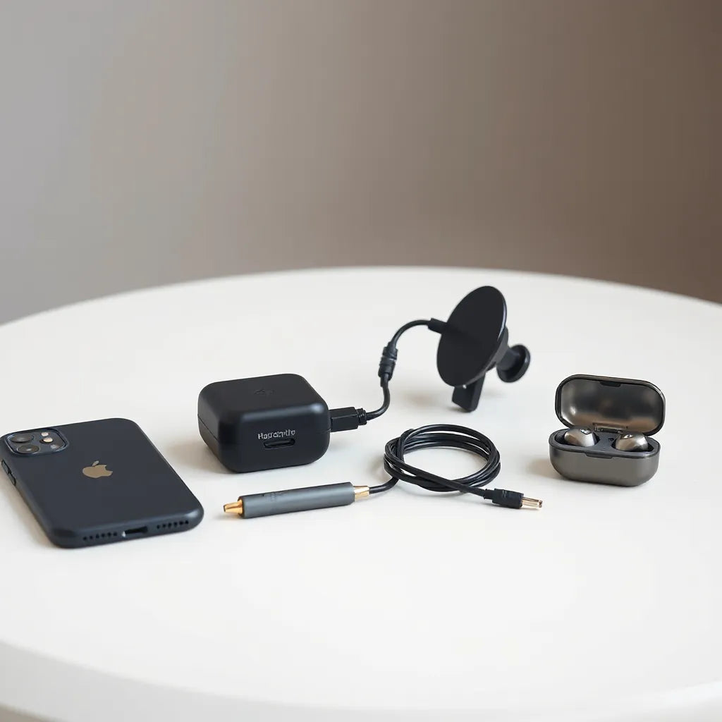 Neatly arranged phone accessories including a case, charger, cable, and car mount on a clean tabletop.