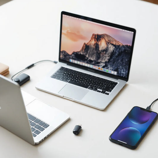 Modern desk setup with laptop, smartphone, and smart charging accessories for productivity