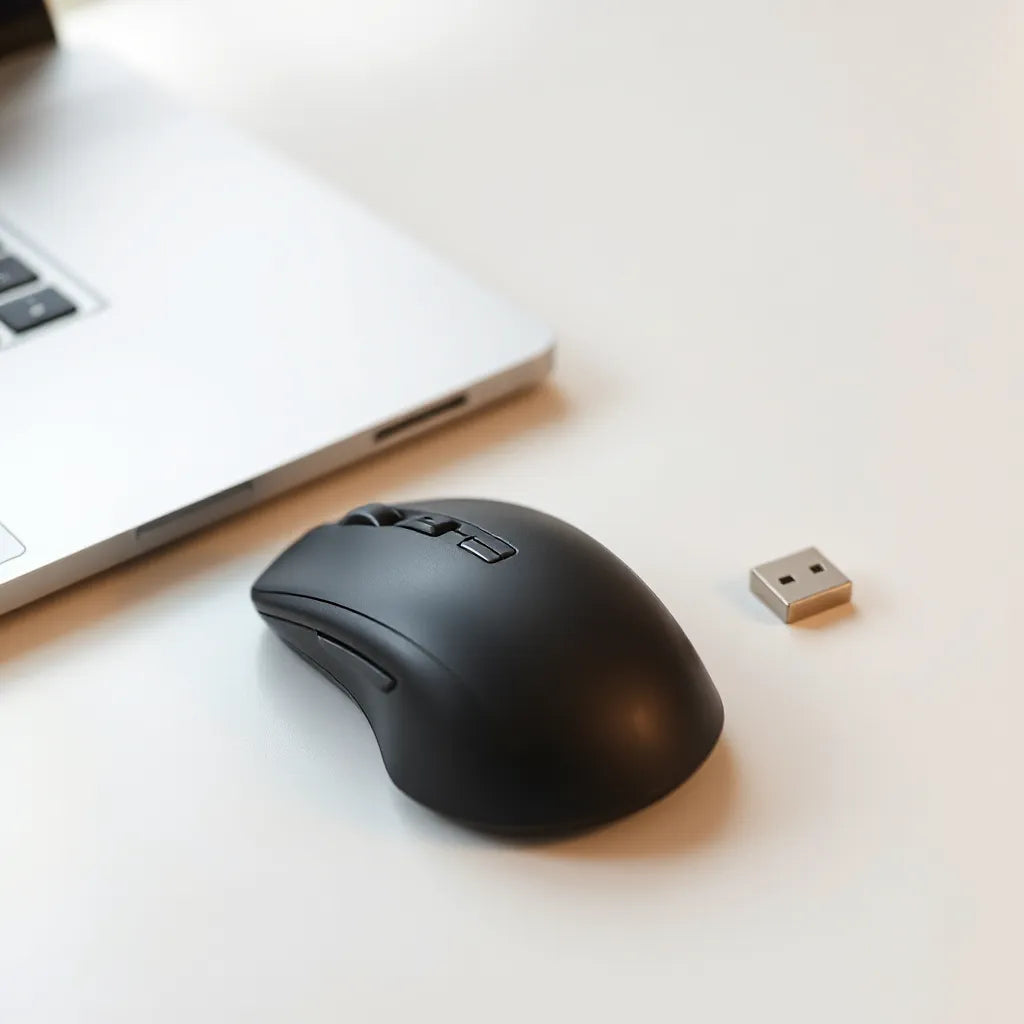 Wireless ergonomic mouse on a desk beside a laptop with a small receiver and cable