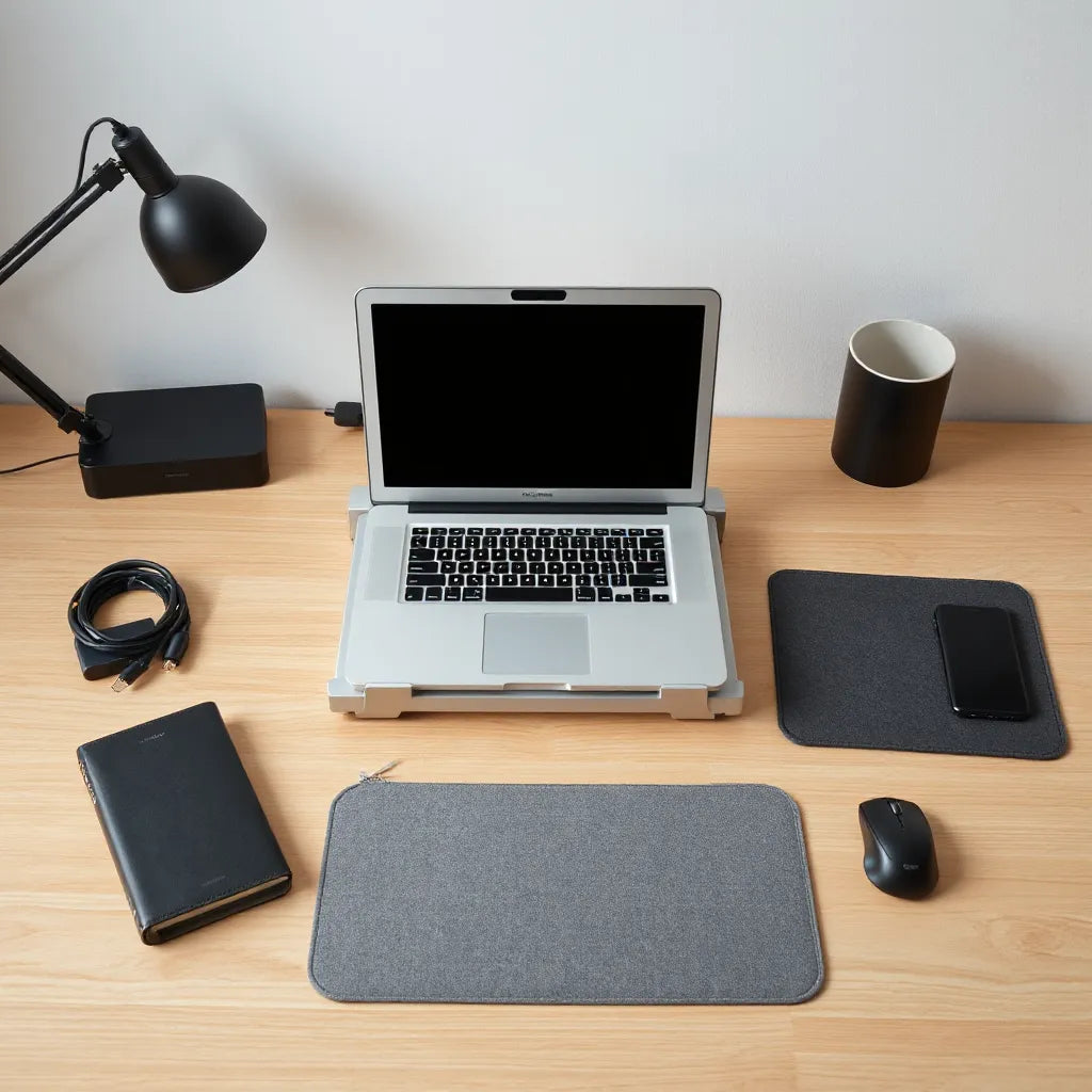 Open laptop on a tidy desk with laptop stand, USB hub, sleeve, organized cables, and a mouse