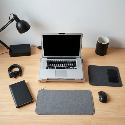 Open laptop on a tidy desk with laptop stand, USB hub, sleeve, organized cables, and a mouse