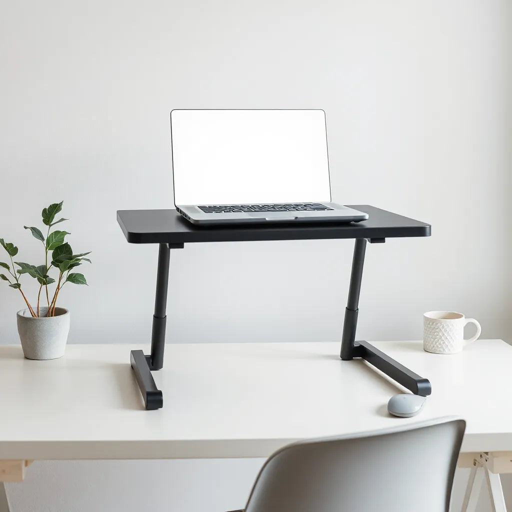 Adjustable laptop table stand holding an open laptop on a minimalist desk.