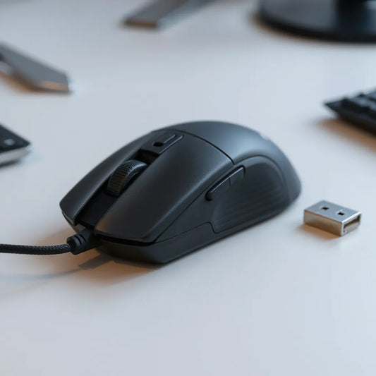 USB gaming optical mouse with a visible cable and USB connector on a clean desk