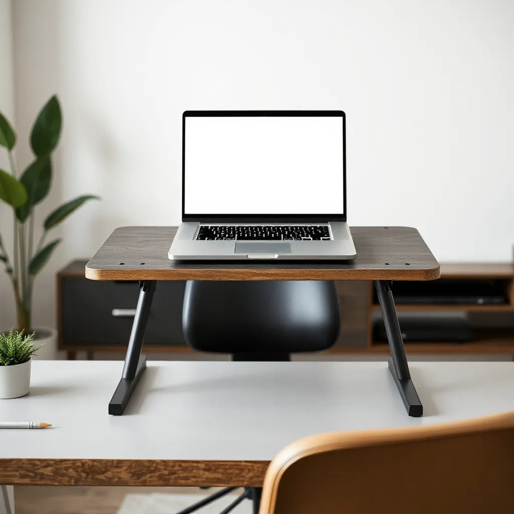 Minimalist desk setup with a laptop on an adjustable ergonomic table stand for improved posture