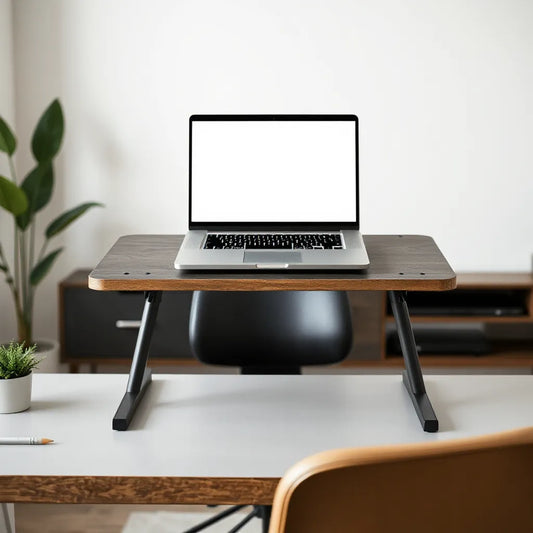 Minimalist desk setup with a laptop on an adjustable ergonomic table stand for improved posture