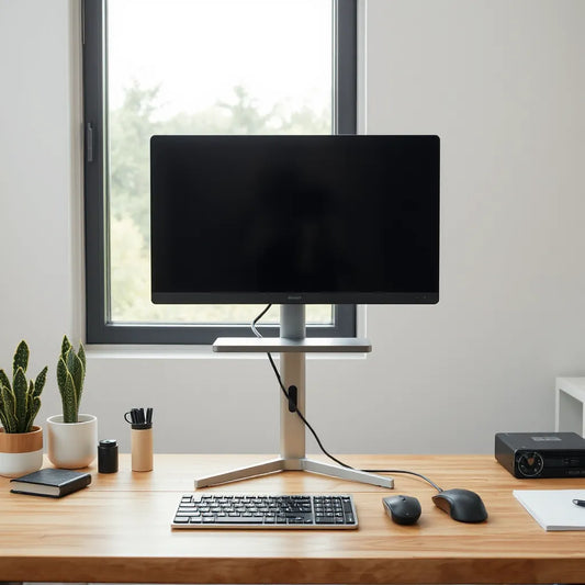 Monitor elevated on a minimal stand on a clean desk with keyboard and mouse