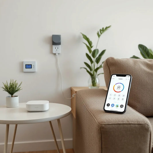 Smart home hub, thermostat, and smart plug controlling lighting in a modern living room