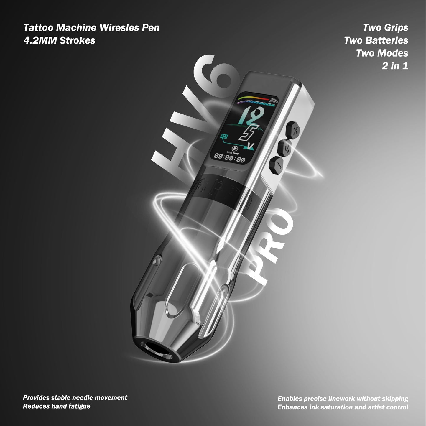 INKSOUL® Tattoo Machine Wiresles Pen 4.2MM Strokes Two Grips Two Batteries Two Modes 2 in 1 | HV6 PRO INKSOULSUPPLY.COM