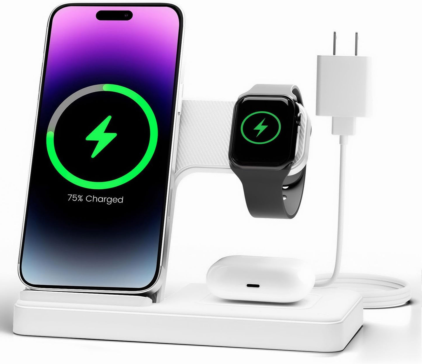 Wireless Charger Iphone Charging Station: 3 in 1 Charger Stand Multiple Devices for Apple - Iphone 17 16E 16 15 14 Pro Max 13 12 11 - Watch 11 10 9 8 7 6 5 4 3 2 SE and Ultra Series - Airpods 4 3 Pro BazaarBox