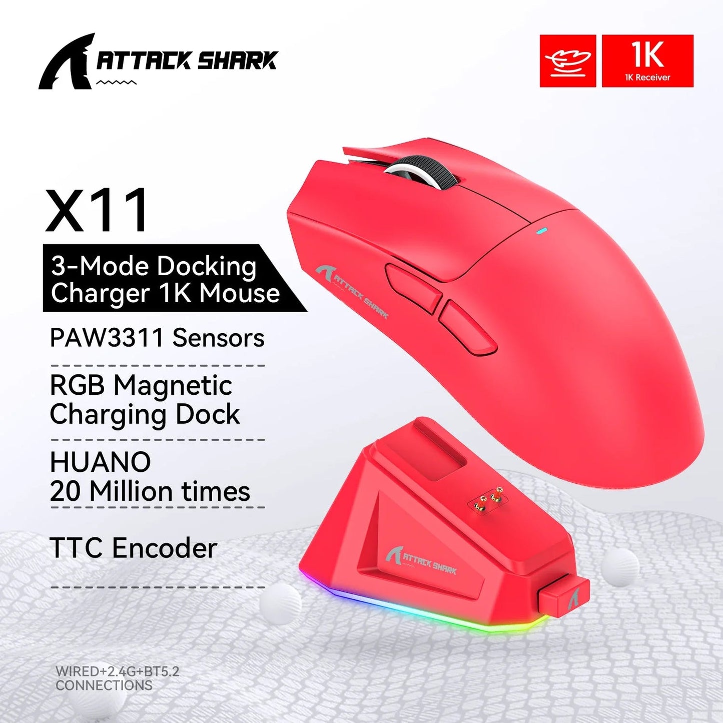 Tri-Mode Connection 2.4GHz/Wired/Bluetooth PAW3311 22000DPI 400IPS RGB  PC Gaming Mouse Electronics Den