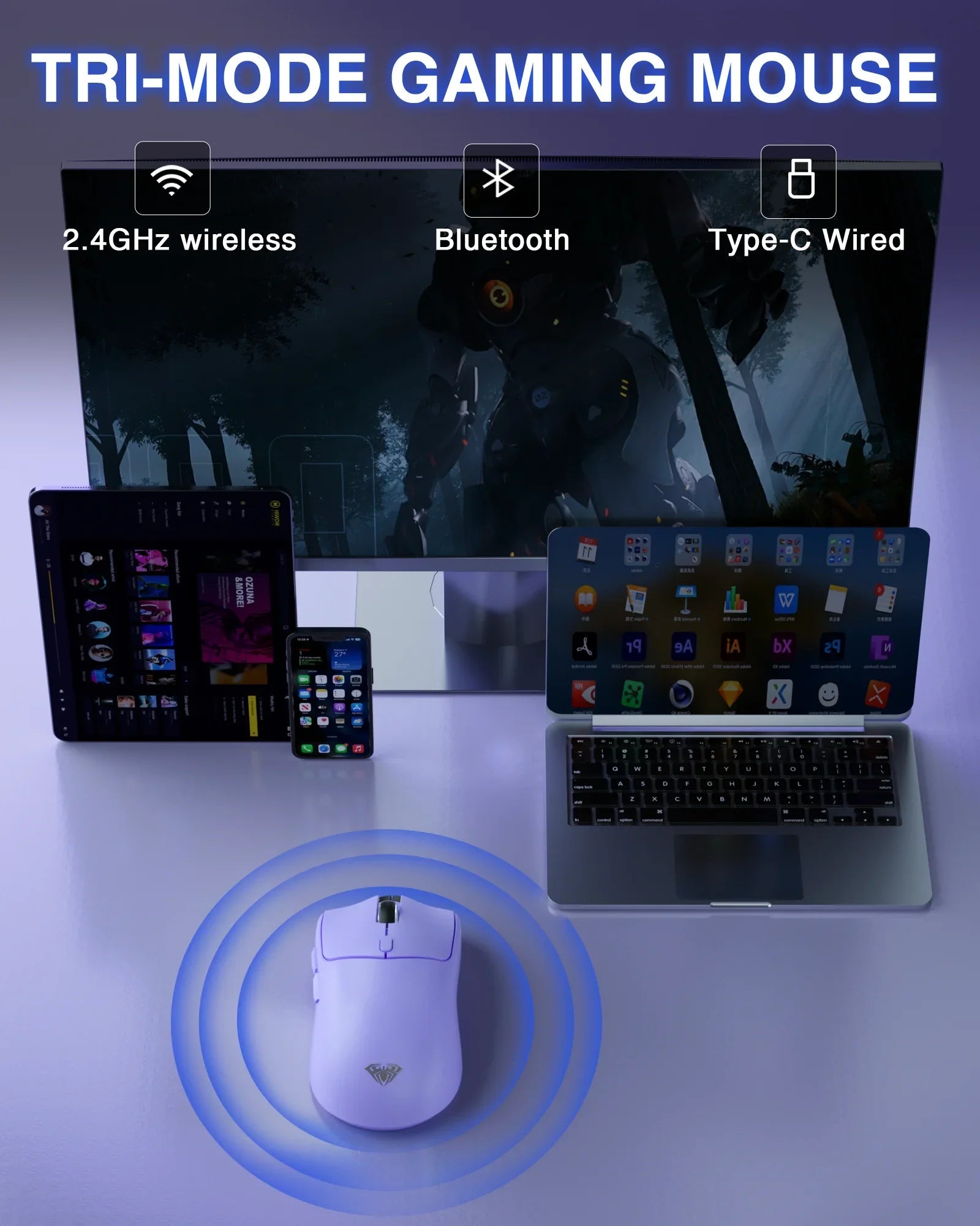 Tri-mode Rechargeable Ergonomic Bluetooth Mouse Electronics Den