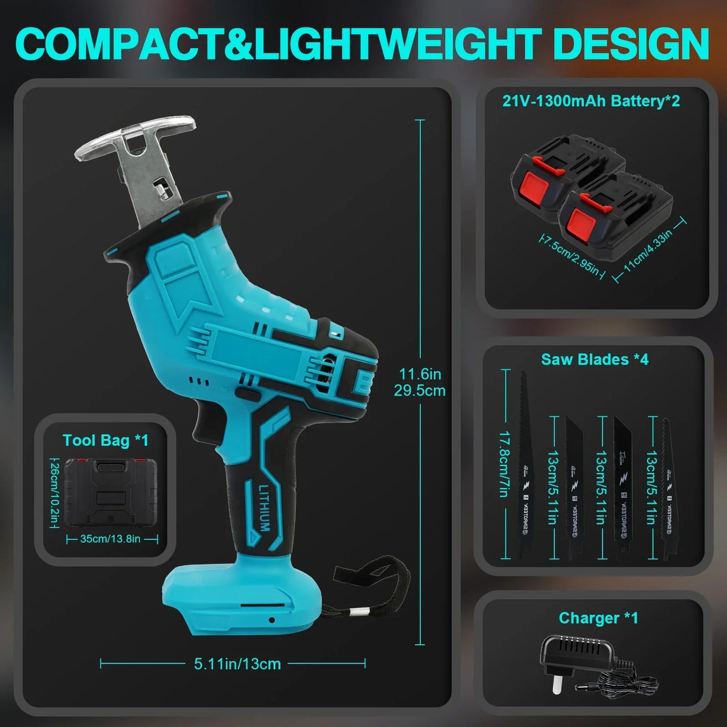 Reciprocating Saw 21V Cordless 0-4500 SPM 2 Batteries 4 Saw BladesTool Russell E-Commerce