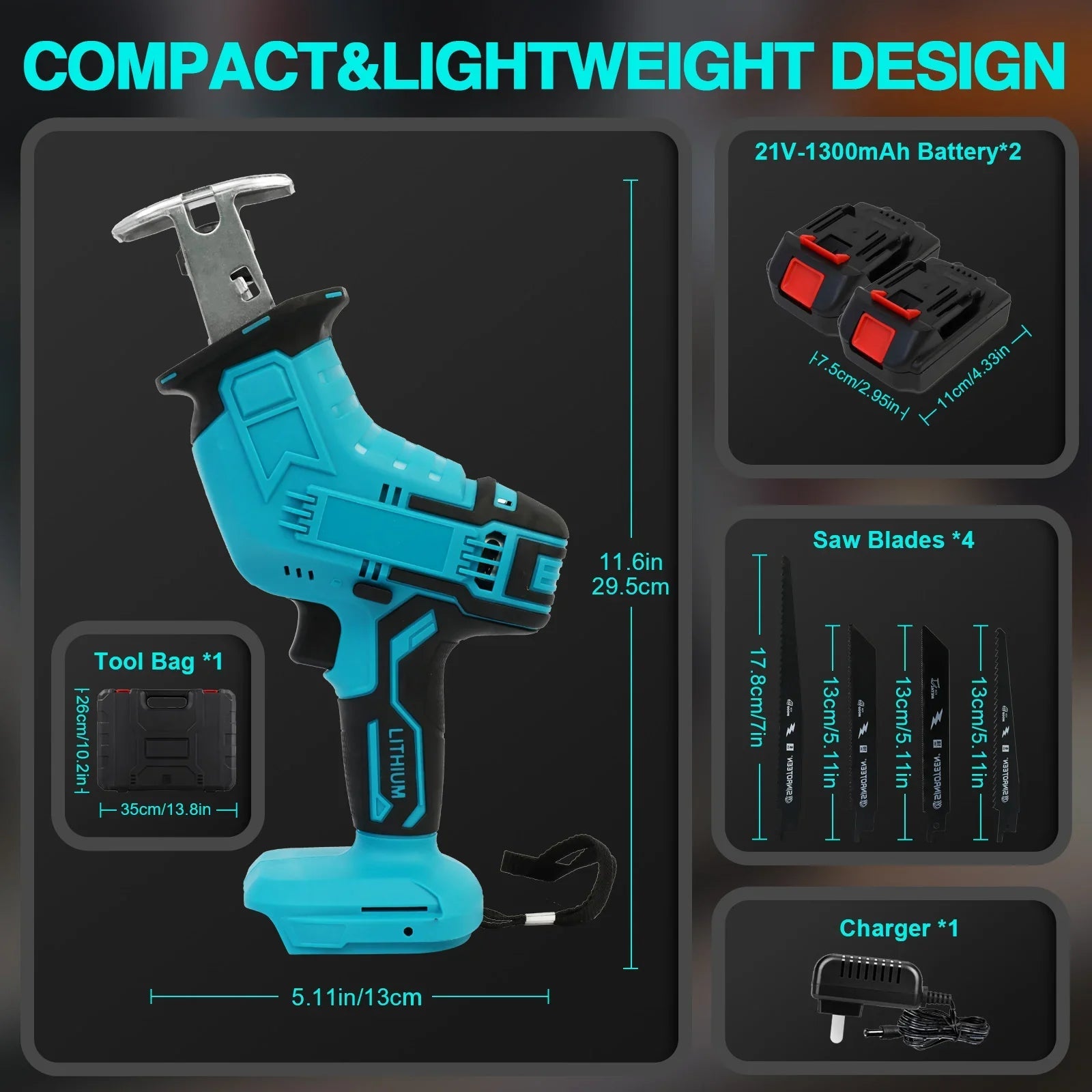 Reciprocating Saw 21V Cordless 0-4500 SPM 2 Batteries 4 Saw BladesTool Russell E-Commerce