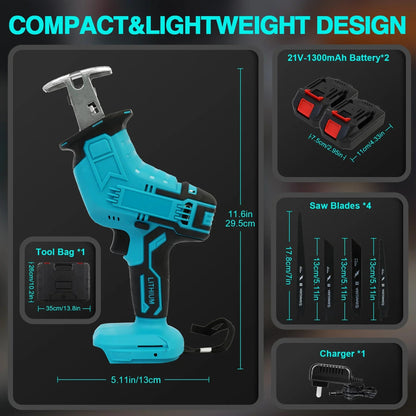 Reciprocating Saw 21V Cordless 0-4500 SPM 2 Batteries 4 Saw BladesTool Russell E-Commerce