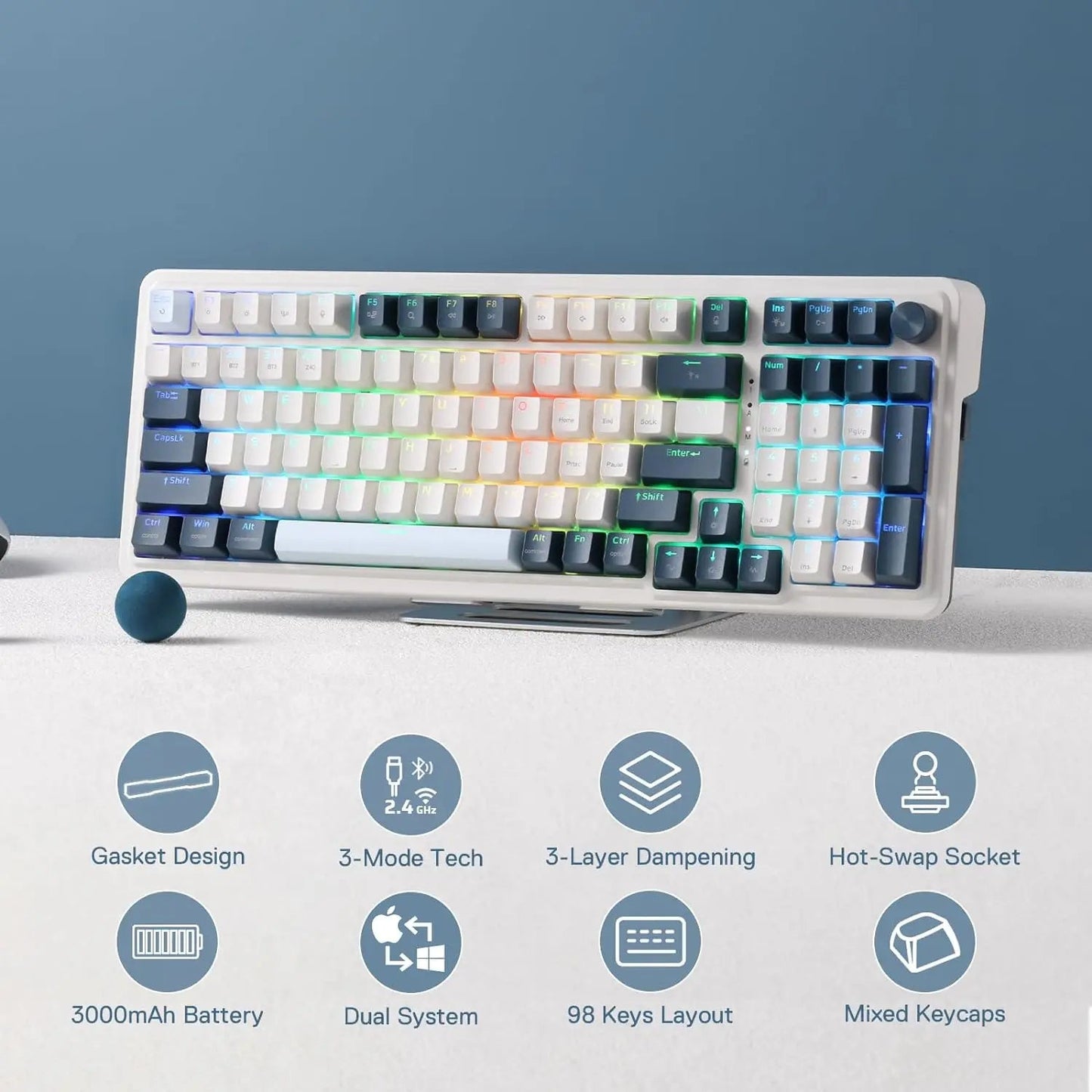 98 Keys 3-Mode Wireless Gasket RGB Gaming Mechanical Keyboard Electronics Den