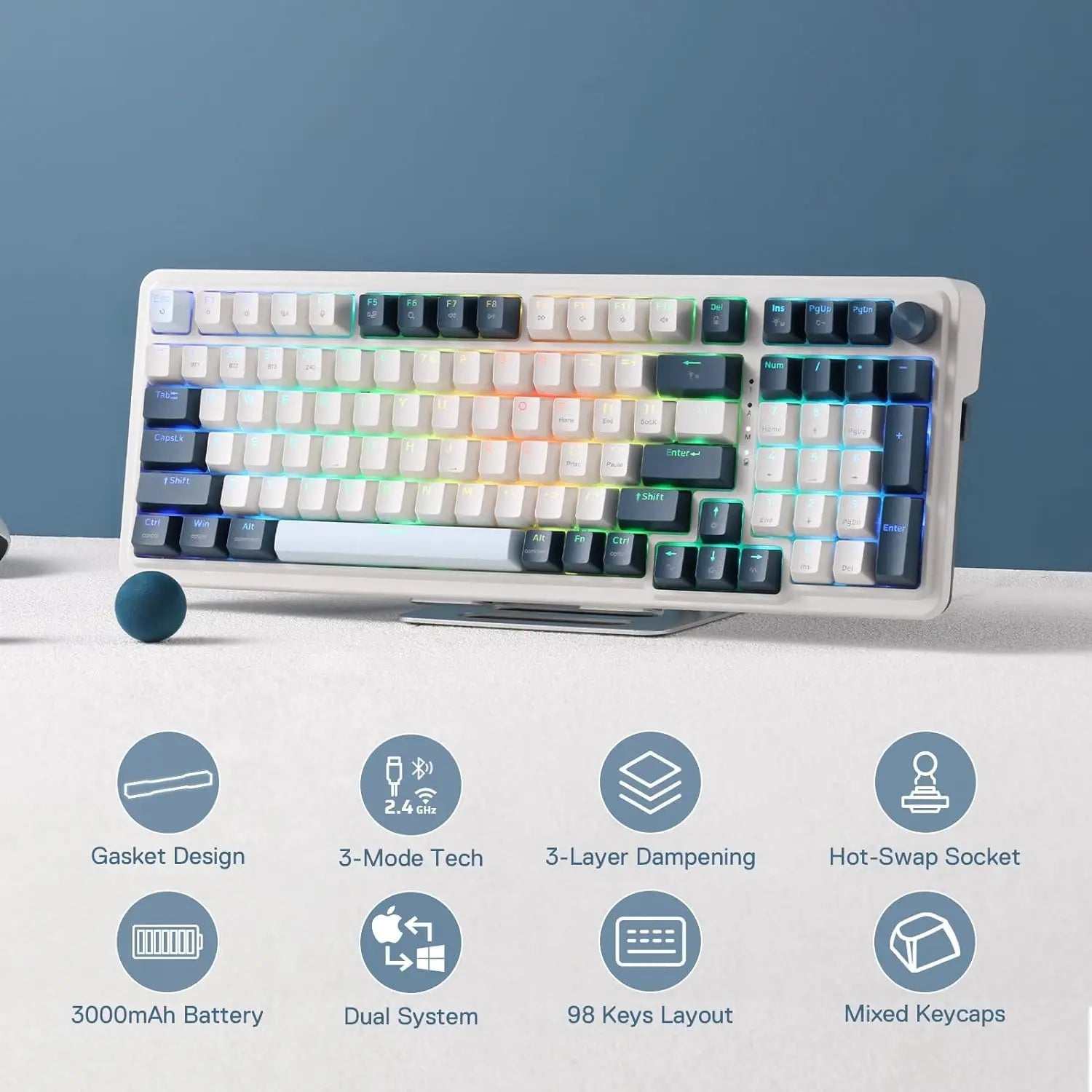 98 Keys 3-Mode Wireless Gasket RGB Gaming Mechanical Keyboard Electronics Den