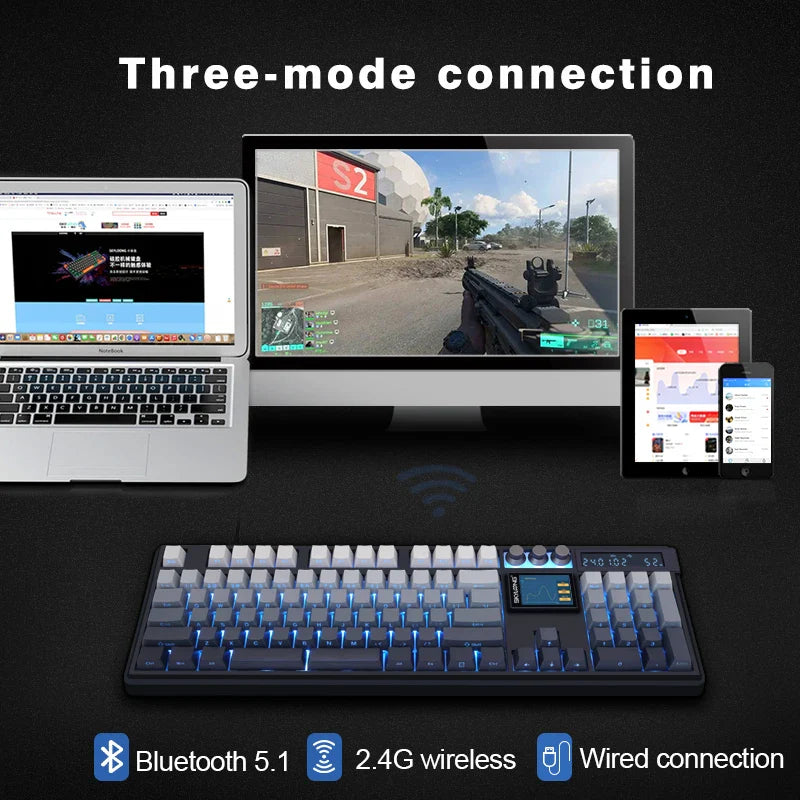 Wireless Mechanical Keyboard with 3.0 Screen 3 Knobs Hot-Swappable Silent Switch PBT keycaps Electronics Den