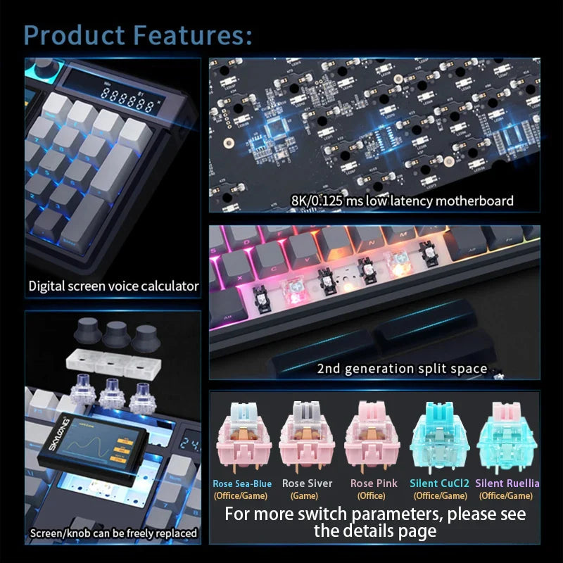 Wireless Mechanical Keyboard with 3.0 Screen 3 Knobs Hot-Swappable Silent Switch PBT keycaps Electronics Den