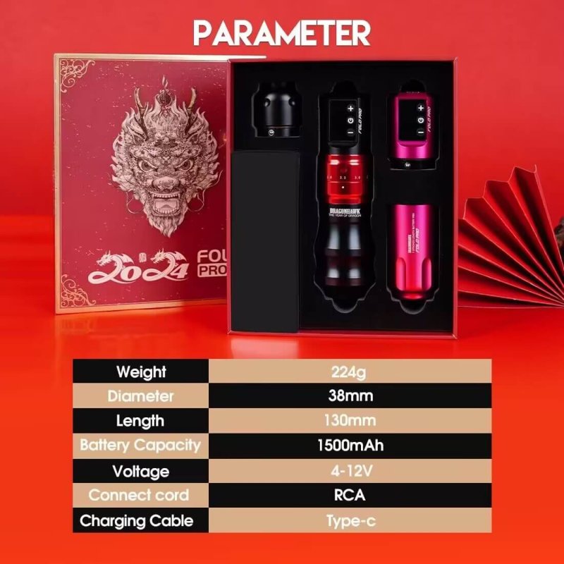 Tattoo Kit | Dragonhawk Fold Pro Year of Dragon Edition Rotary Tattoo Machine Pen Wireless Professional Bundle INKSOULSUPPLY.COM