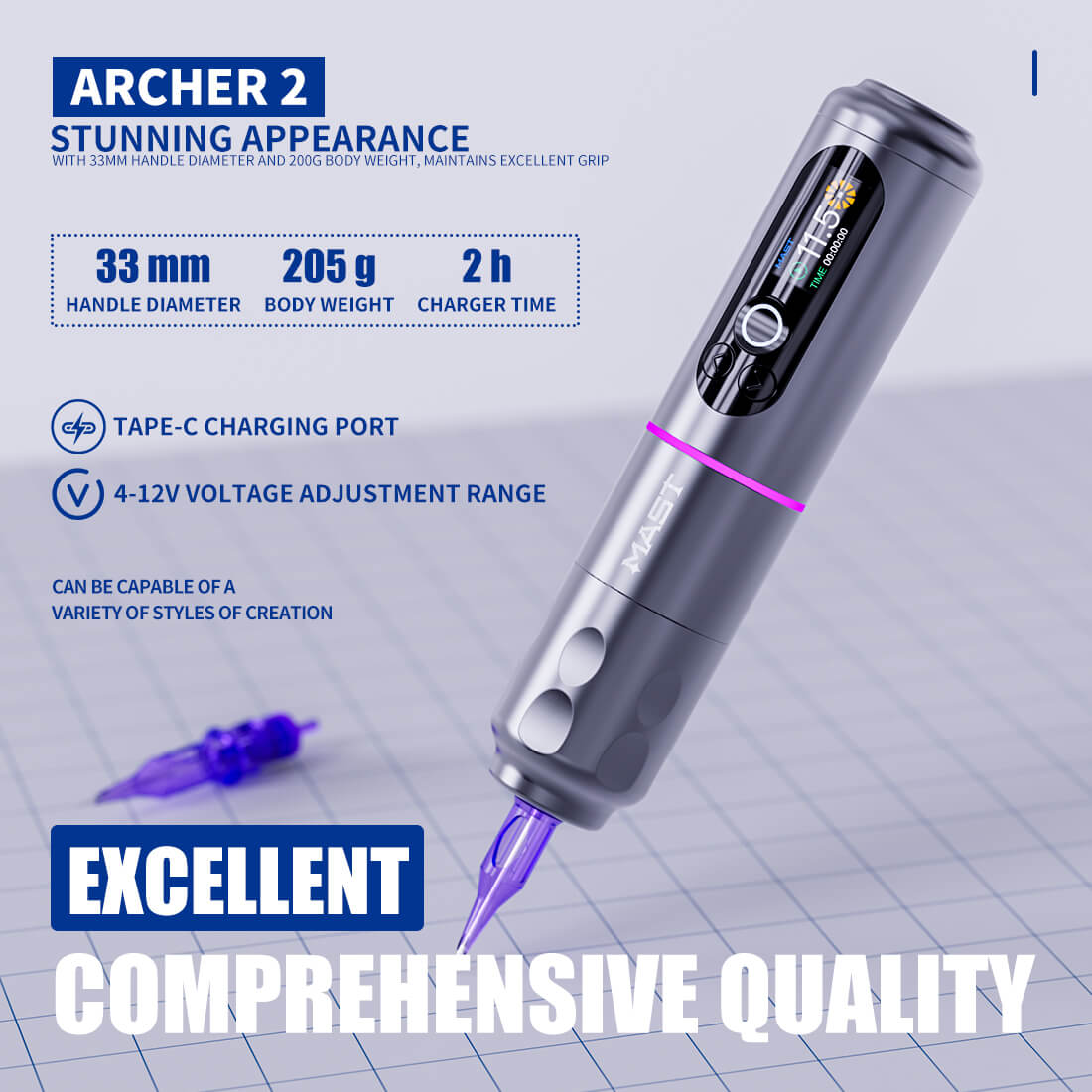 Dragonhawk Wireless Tattoo Pen Machine with 3.5MM Stroke Brushless Motor Color Screen | Mast Archer 2 INKSOULSUPPLY.COM