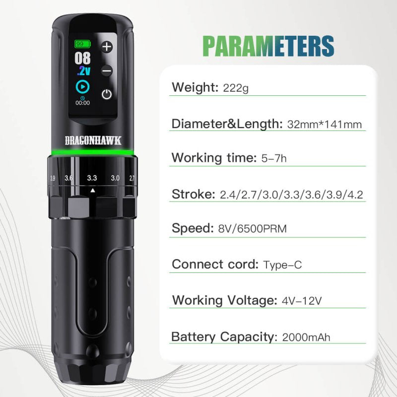Dragonhawk Wireless Tattoo Pen Machine with 7 Stroke Length | L3 INKSOULSUPPLY.COM