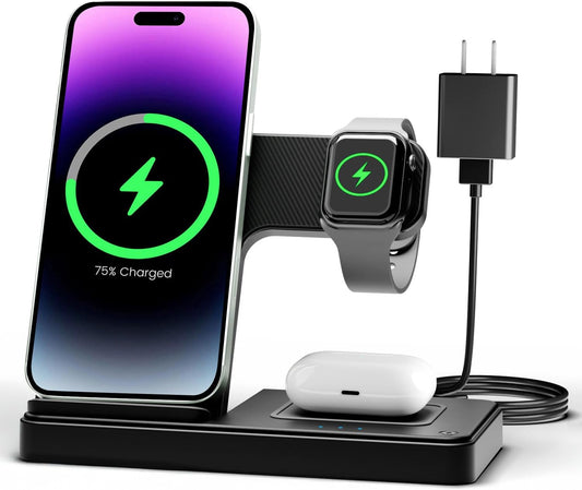 Wireless Charger Iphone Charging Station: 3 in 1 Charger Stand Multiple Devices for Apple - Iphone 17 16E 16 15 14 Pro Max 13 12 11 - Watch 11 10 9 8 7 6 5 4 3 2 SE and Ultra Series - Airpods 4 3 Pro BazaarBox