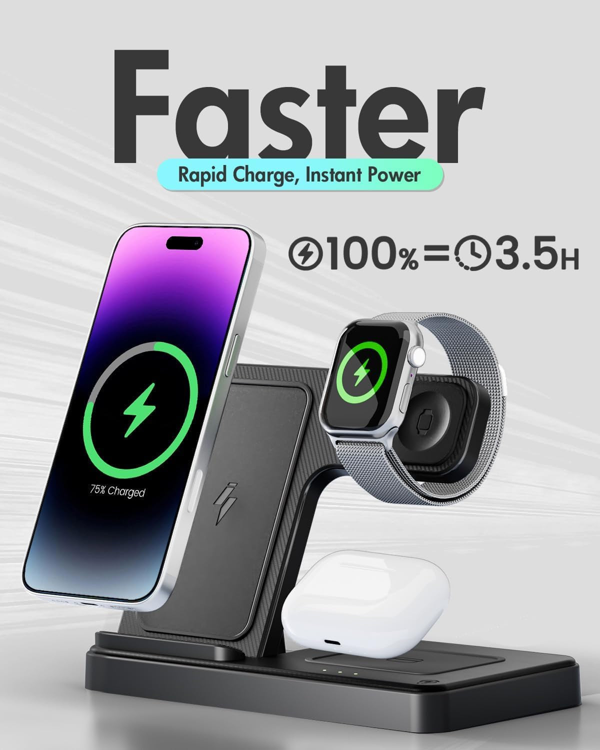 Wireless Charger Iphone Charging Station: 3 in 1 Charger Stand Multiple Devices for Apple - Iphone 17 16E 16 15 14 Pro Max 13 12 11 - Watch 11 10 9 8 7 6 5 4 3 2 SE and Ultra Series - Airpods 4 3 Pro BazaarBox