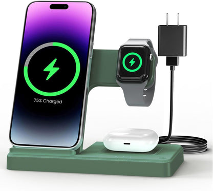 Wireless Charger Iphone Charging Station: 3 in 1 Charger Stand Multiple Devices for Apple - Iphone 17 16E 16 15 14 Pro Max 13 12 11 - Watch 11 10 9 8 7 6 5 4 3 2 SE and Ultra Series - Airpods 4 3 Pro BazaarBox