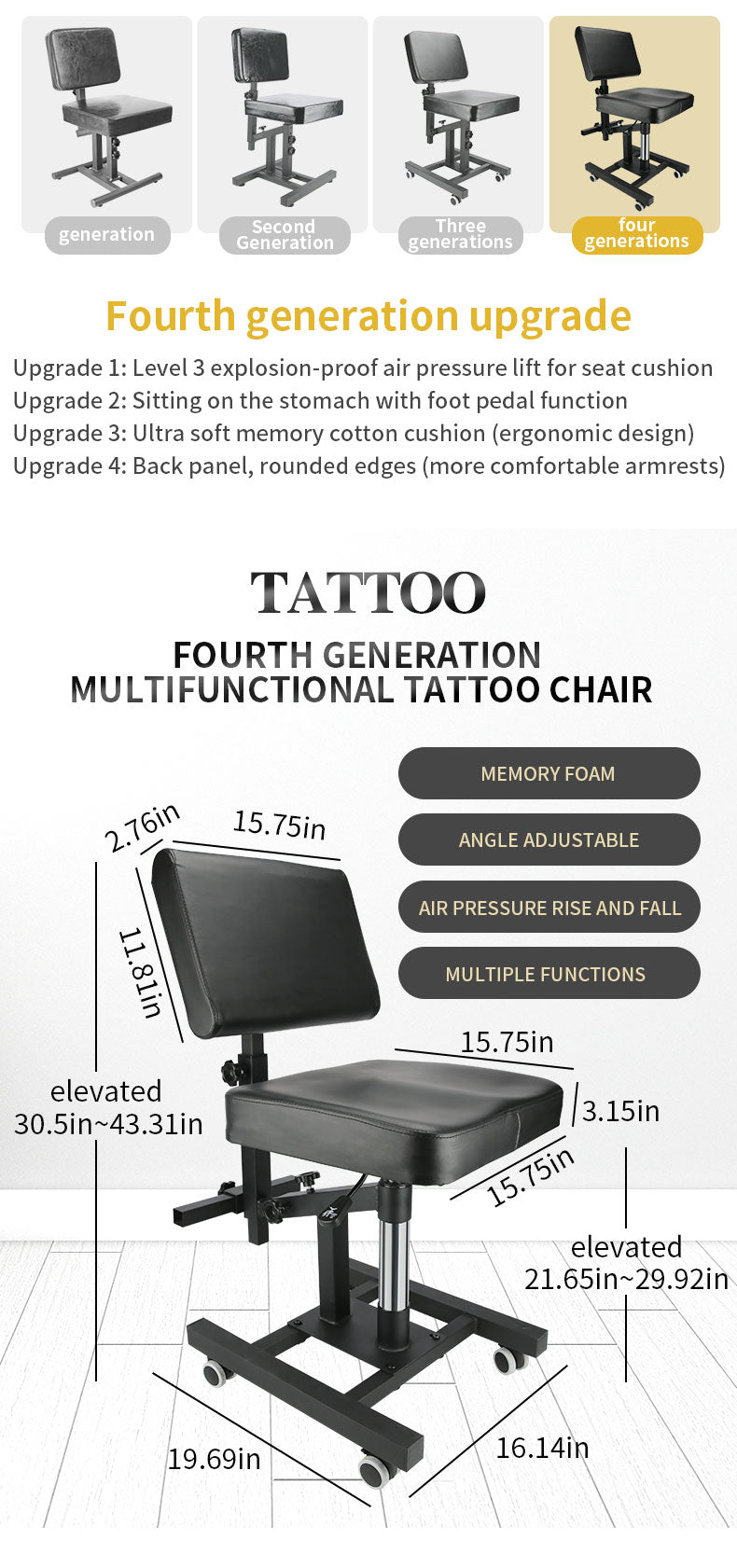 TAIDU FLASH SALE NEW UPGRADED PNEUMATIC TATTOO CHAIR LIFTABLE INKSOULSUPPLY.COM